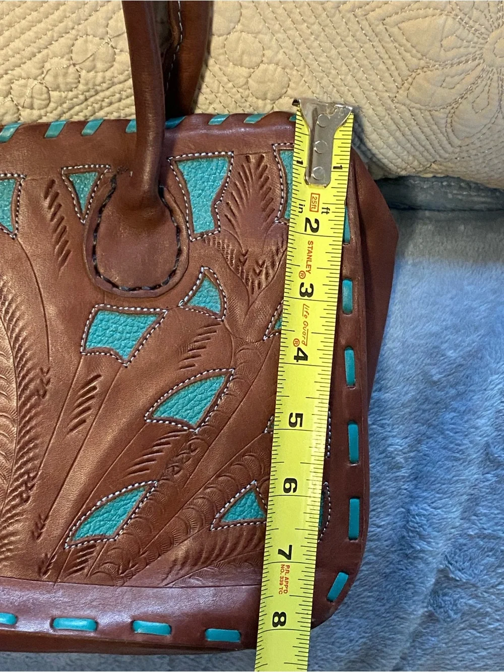 Leaders in Leather Paraguay Handbag Hand Tooled Cutout Satchel Brown Teal EUC